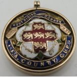 9ct gold hallmarked and enamelled West Riding County 1930-1931 F.A County Cup circular medallion, (