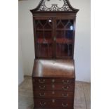 Small George III style mahogany bureau bookcase, pierced swan neck pediment a astragal glazed