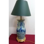 A large Chinese blue and white vase with Celadon glaze table lamp with twin Dog of Foe handles, on