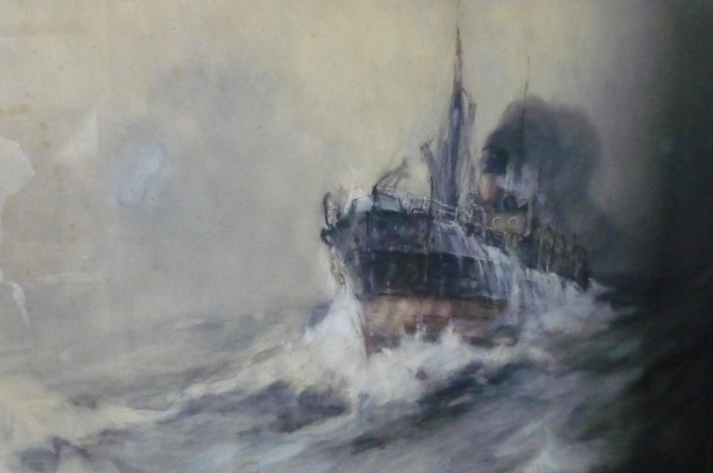 Frank Henry Mason (Staithes Group 1875-1965): Steam ship labouring in a stormy sea, watercolour,