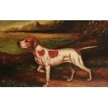 Large gilt framed oilograph on board of an English Pointer in landscape scene (113cm x 82cm)