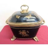 Victorian Toleware coal bin of oval form with lift off cover and twin handles, with painted floral