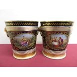 Pair of continental porcelain jardinieres with blue ground and gilt details, lion mark handles,