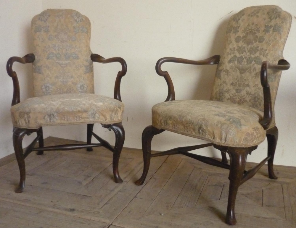 Pair of Queen Anne style open arm chairs with upholstered arched backs, bow front seats and