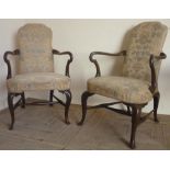 Pair of Queen Anne style open arm chairs with upholstered arched backs, bow front seats and