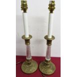 A pair of quality modern gilt metal and twisted glass stemmed table lamps on circular bases. (H44cm)