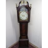 19th C Scottish mahogany long case clock with painted pendulum, the arch dial signed W. Young