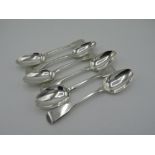 Six Geo IV and later London hallmarked silver Fiddle pattern dessert spoons, 1824-1845 (6) 9.29oz.