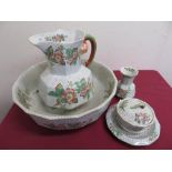 Masons ironstone washstand set comprising jug and bowl with strainer, soap strainer dish, shaving