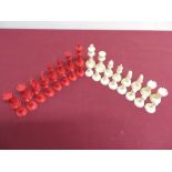 Early 20th C turned bone white and red stained chess set (King H8cm)
