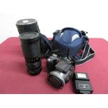 Fujifilm Finepix 900 zoom digital camera with Vivitar flash gun in antler carry case and a Vivitar
