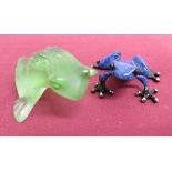 Lalique green glass model of a frog, signed Lalique, France 3023200 (L6cm); a bronzed and