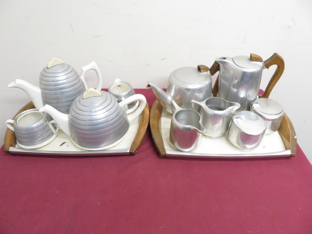 Picquot Ware four piece tea and coffee service, with additional milk and sugar and two trays; a four