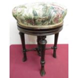 Victorian adjustable music stool with circular upholstered top, on reeded base with four turned