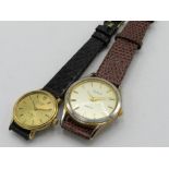 Tudor Geneve Le Royer lady's quartz wristwatch gold plated case on leather strap Rolex buckle.