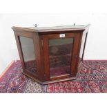 Small 19th C mahogany wall display cabinet, of cantered form with two glass shelves (W76cm x D23cm