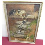 S.Hudson(20th C): Puppies and Geese with a cat looking on in a farmyard, oil on canvas, signed (50cm