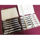 Set of six tea knives with hallmarked silver Kings pattern handles, a set of Royal Crown Derby tea