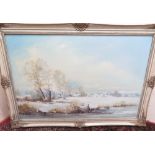 Bernard Banks, (Contemporary): Extensive snowy winter riverside landscape with trees, oil on canvas,