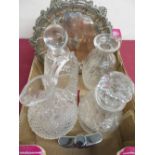 Cut crystal decanter, three decanters and a silver plated gallery tray with gadrooned border, and