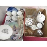 Two Denby pottery 1981, Royal Wedding mugs, other commemorative mugs, two Endeavour commemorative