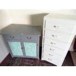 Edwardian grey painted oak side cabinet, with two drawers and carved panel doors, (W86cm x D50cm x