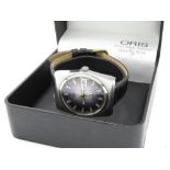 Oris Star automatic wristwatch with day date. Stainless steel case on leather strap, case back