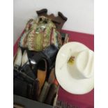 John Callo Stetson type hat, a pair of ladies vintage black boots, a hall brush set with mirror,