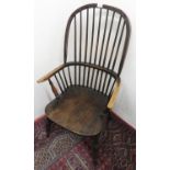 19th C ash and elm stick back Windsor armchair on turned supports, joined by an H stretcher