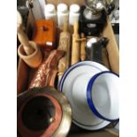 Coffee mill, white enamelled plates and other kitchenalia in one box