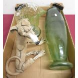 Art Pottery Country Artist "Likemind Greyhound", green art glass lidded spaghetti jar, and a green