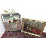 Edwardian brass framed fire screen, mirror panel painted with roses (H78cm) and a modern Dutch style