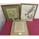 Pair of Japanese needlework floral and bird studies on silk, and another of exotic birds amongst