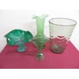 Caithness style green glass vase, green tint etched glass vase, a green glass vase with white