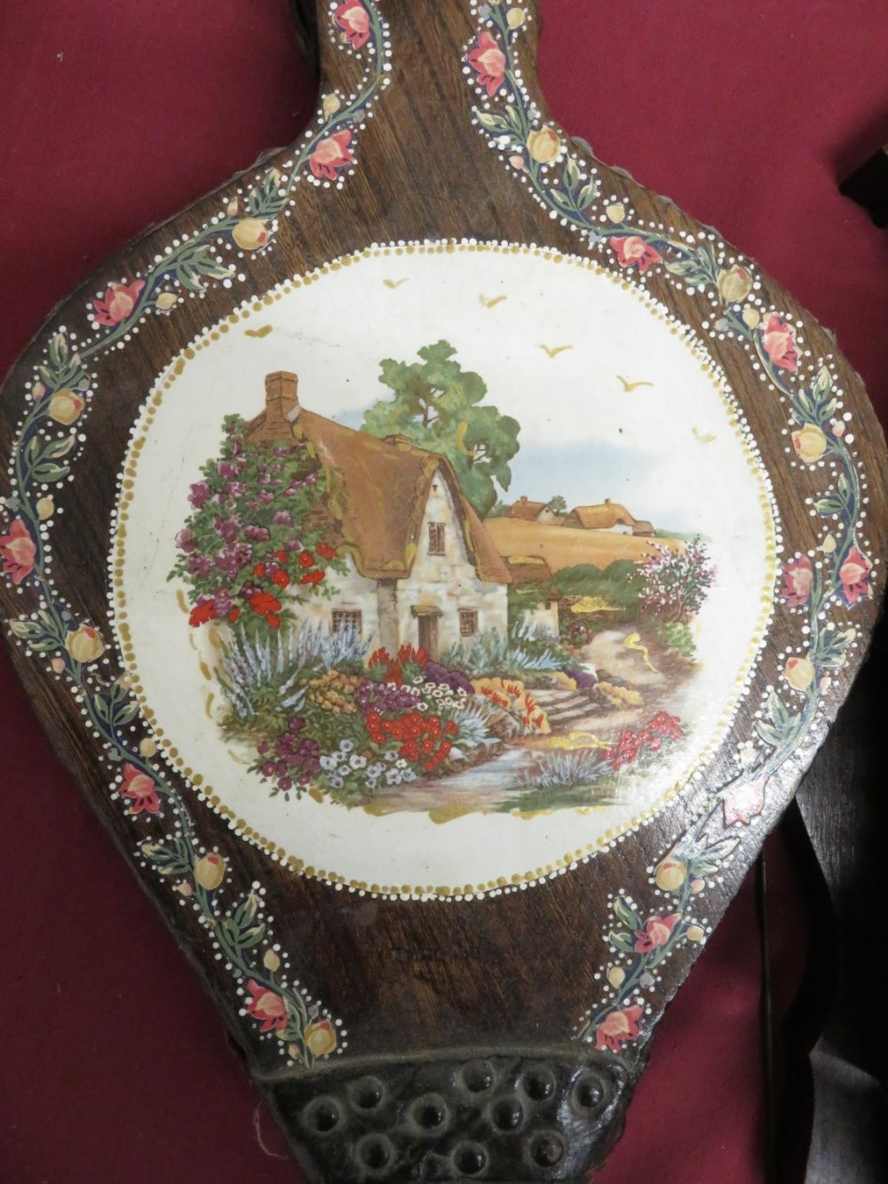 Pair of elm and leather bellows, painted with a cottage in a landscape, stamped with RD number ( - Image 2 of 3