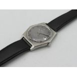Zodiac Spacetronic electronic wristwatch with date, hexagonal stainless steel case on leather strap.