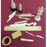 Victorian bone aide memoire, ivory page turner, lacking handle, Stanhopes and other items