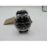 Oris military style hand wound wristwatch with date. Chromium plated case on leather strap.