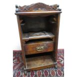 20th C oak smoker's cabinet with carved cresting and a single drawer on shaped feet (W30cm x D20cm x