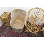 Cane work basket type conservatory chair, bamboo conservatory armchair, and a two tier bamboo