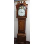 19th C mahogany crossbanded oak long cased clock, arched Arabic dial, with subsidiary seconds and