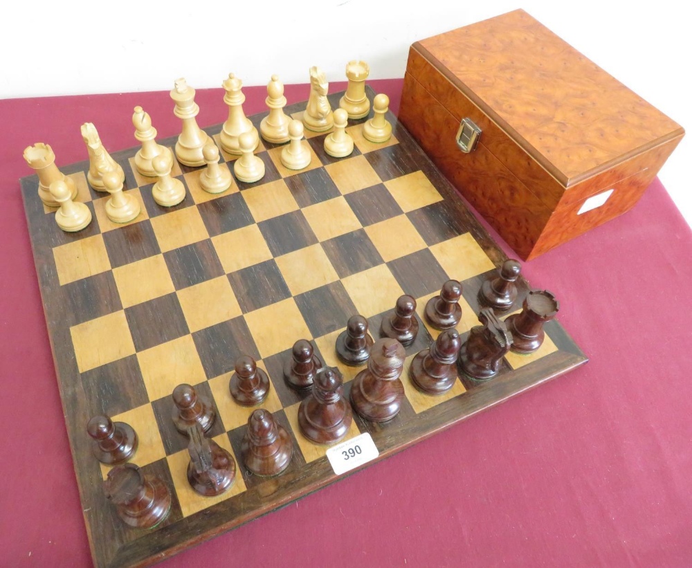Large turned boxwood and walnut chess set with weighted bases, on rosewood and satinwood chess board