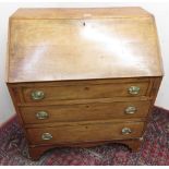 Small 19th C mahogany bureau, fall front above three drawers on bracket feet. (W77cm x D47cm x