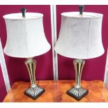 Pair of black and gilt finish table lamps, with grey stain effect shades. (H85cm)(2)