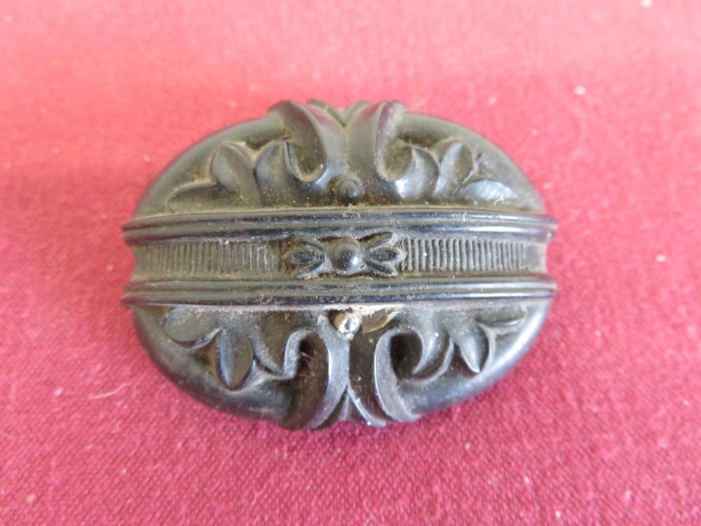 Victorian carved jet brooch, a continental white metal brooch stamped 1896 with rubbed bright cut - Image 3 of 5