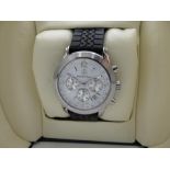 Mercedes Benz quartz chronograph wristwatch with date. Stainless steel case on rubber simulated tire