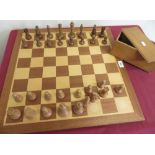 Large turned wooden chess set with lightly weighted bases, on chessboard in box (king H8.75cm)