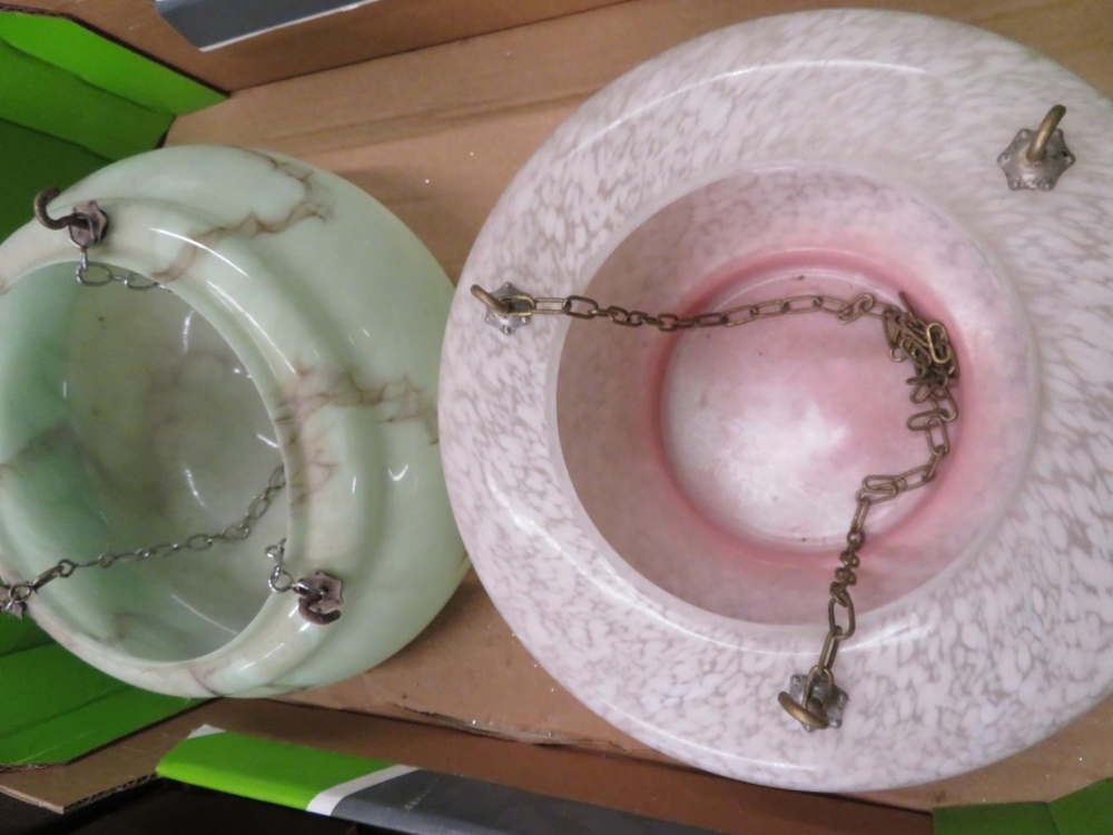 1930s pink tint and gilt decorated glass hanging lampshade, and green marbled glass hanging