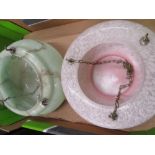 1930s pink tint and gilt decorated glass hanging lampshade, and green marbled glass hanging