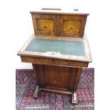 Edwardian inlaid walnut Davenport with two cupboard doors and fall front above a pedestal door (